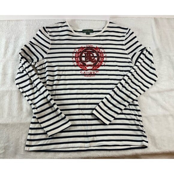 Ralph Lauren Jeans Co Women M Striped Top  L/Slv T-Shirt embroidered Red Logo - Picture 3 of 8